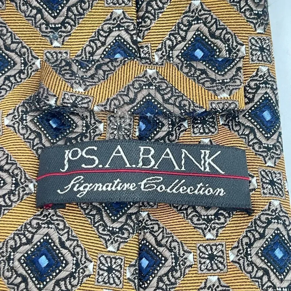 Jos A Bank Signature Collection 100% Silk Gold Blue Medallion Geometric Tie